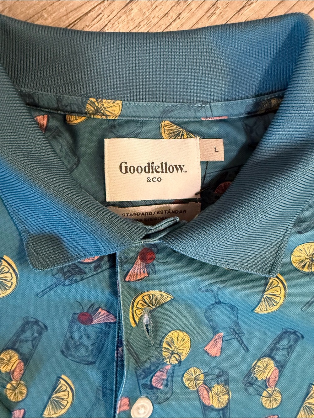 Goodfellow & Co Teal Cocktail & Lemon Print Polo
